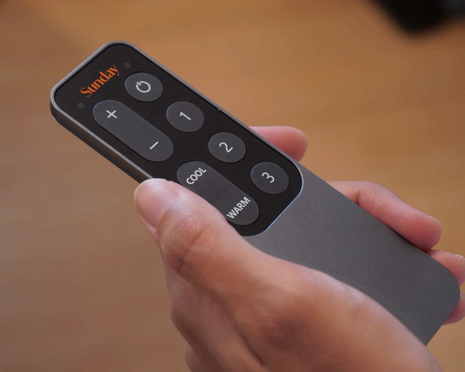 A hand holding the Sunday Remote
